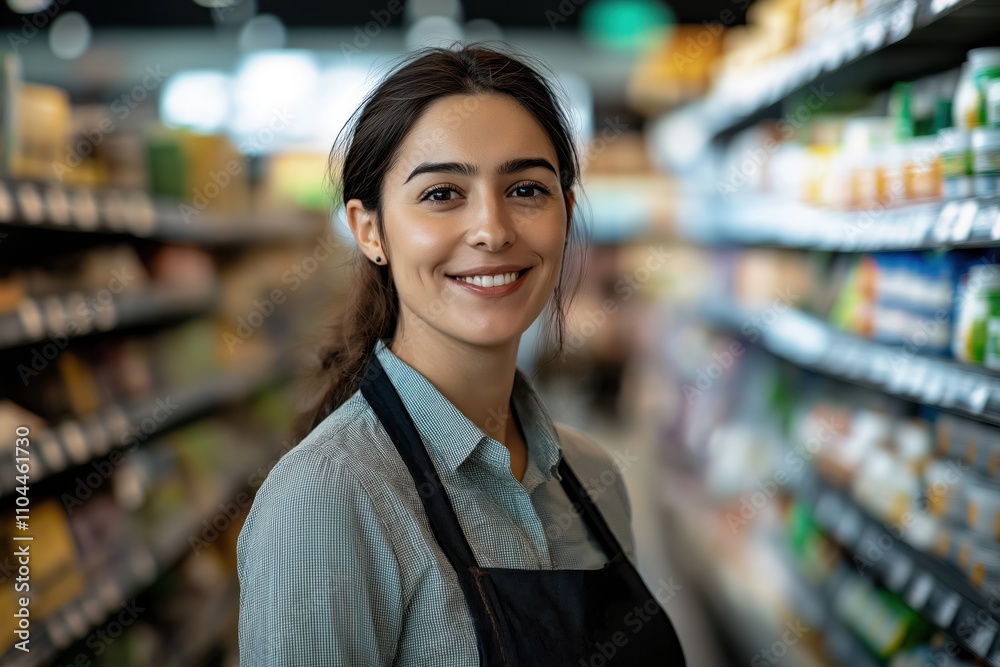Young woman smiles confidently at camera. Happy employee in grocery store. Professional retail worker looking directly at viewer. Indoor supermarket setting. Friendly employee in retail business. Young woman smiles confidently at camera. Happy employee in grocery store. Professional retail worker looking directly at viewer. Indoor supermarket setting. Friendly employee in retail business.