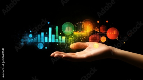 Business KPI concept with virtual icons, hand reaching toward metrics, dark background,