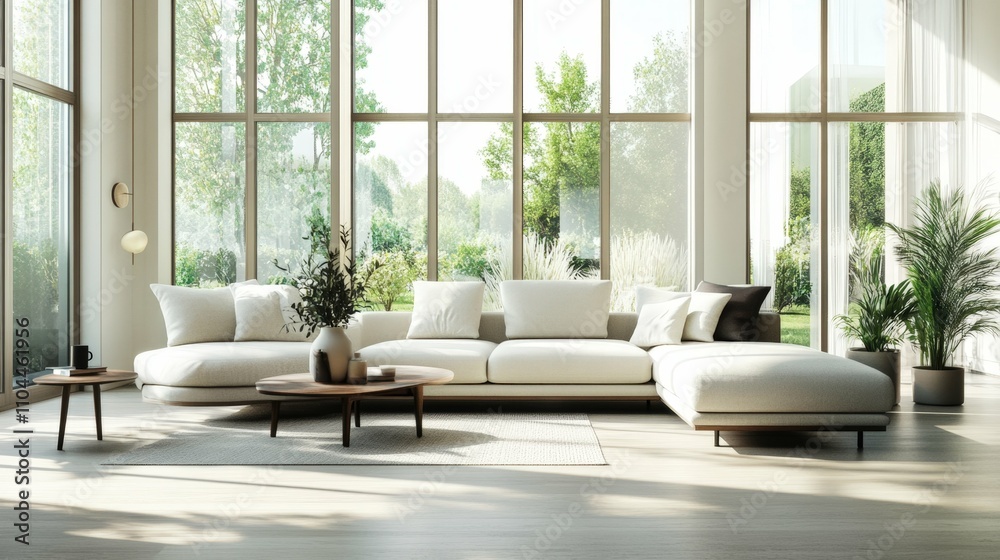 woman vacuuming bright living room, modern furniture and decor in minimalistic style, large windows letting in natural light woman vacuuming bright living room, modern furniture and decor in minimalistic style, large windows letting in natural light