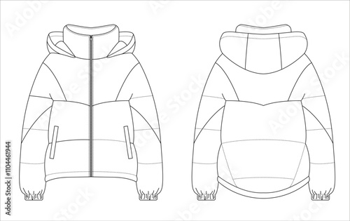 Short puffer jacket with a high collar, hood, front zipper, side pockets, and elastic cuffs depicted as a technical sketch in a minimalist design