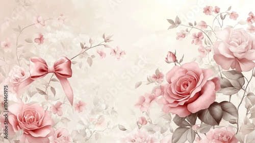 Fototapeta Naklejka Na Ścianę i Meble -  A soft, elegant illustration featuring vintage-style pink roses and delicate flowers against a light background
