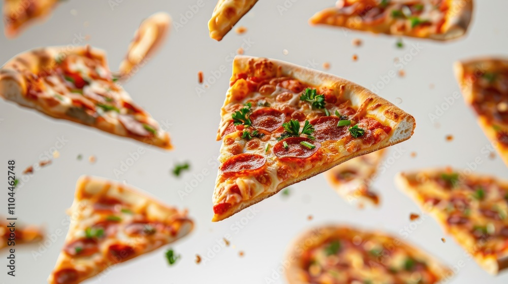 Collection of assorted pizza slices in the air. Collection of assorted pizza slices in the air.