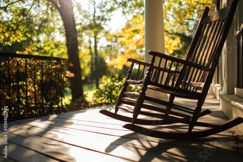 A peaceful porch scene featuring a classic wooden rocking chair bathed in soft sunlight, surrounded by lush green trees, symbolizing tranquility and comfort.