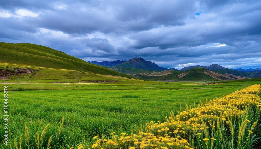 Fototapeta premium a green field with yellow flowers and mountains in the background