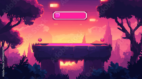 Pixel art landscape battle arena. Game background with vintage animation scene for 8 bit arcade games. Retro pixelated playing view. Vector illustration environment for video game banner promotion.