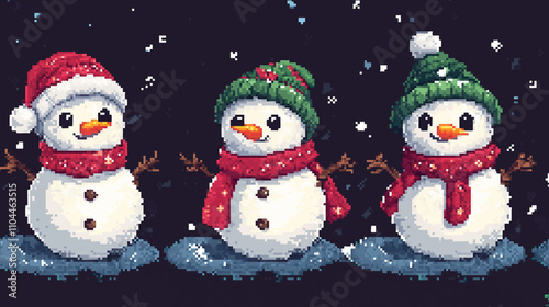 Set of snowman wearing Santa hats and Christmas scarves pixel art style, vector illustration isolated on blue background. of snowman with hats and scarves, winter joy in pixel art