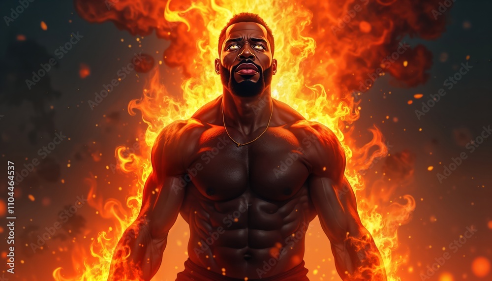 Powerful African American man surrounded by flames. Looks strong, determined. Image shows strength, intense energy. Maybe concept for superhero someone mystical fire powers. Possible scenario moment