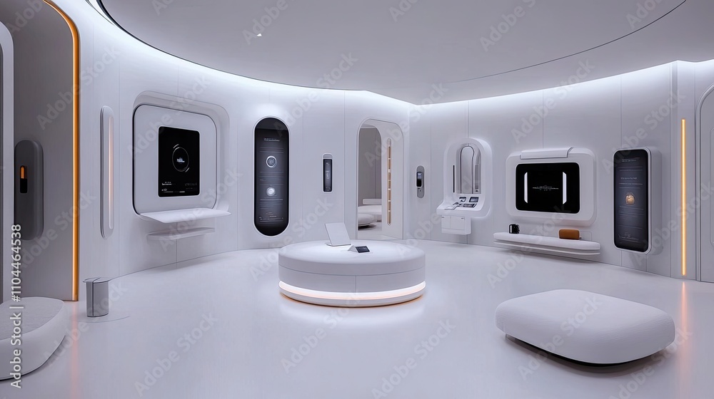 White isometric podium features holographic digital screens linked to various devices, emphasizing innovation in artificial intelligence technology