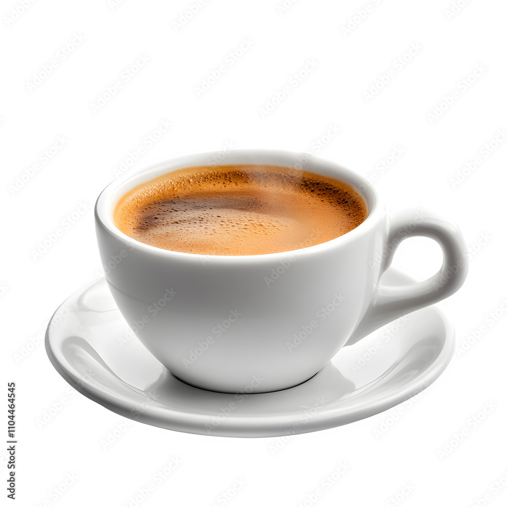 White cup of coffee with crema, steaming hot, isolated on transparent background White cup of coffee with crema, steaming hot, isolated on transparent background
