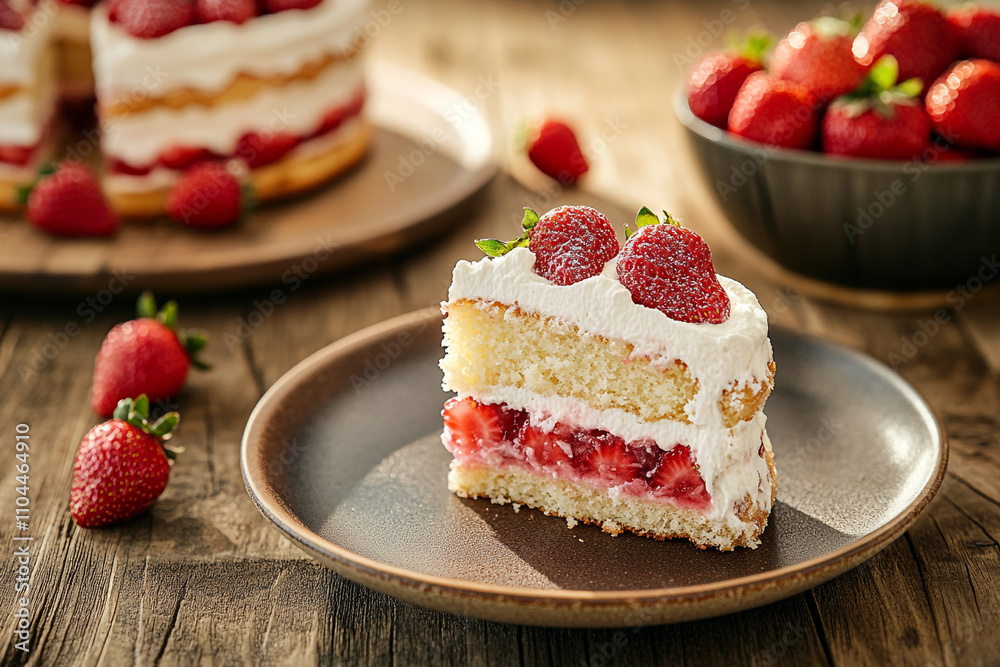 A slice of strawberry cake with whipped cream on top. A slice of strawberry cake with whipped cream on top.