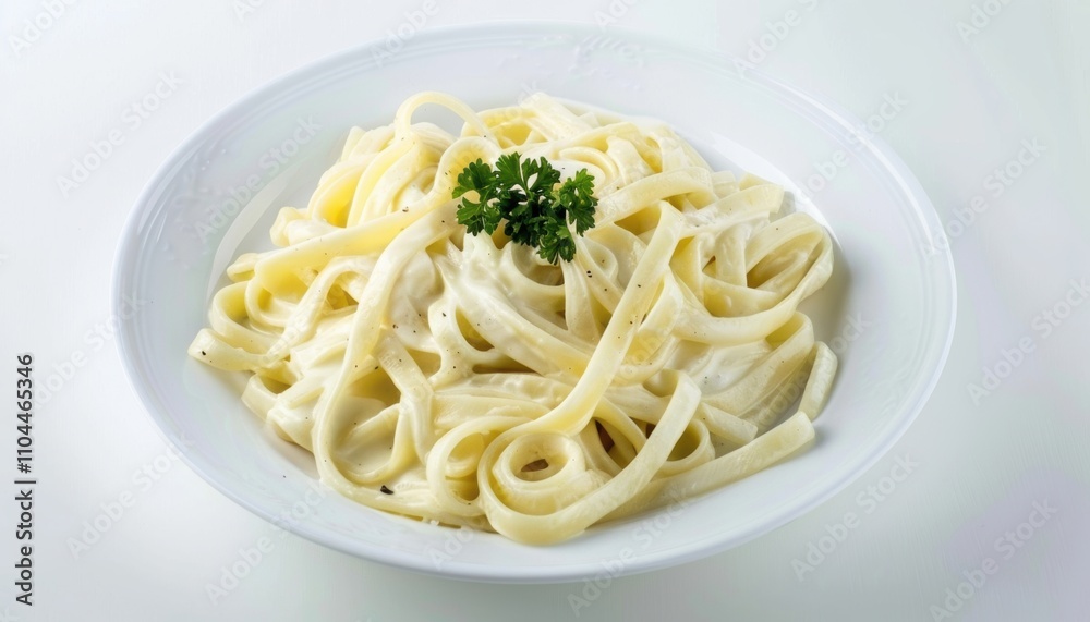A close-up of creamy fettuccine alfredo served on a white plate, garnished with fresh parsley. A close-up of creamy fettuccine alfredo served on a white plate, garnished with fresh parsley.
