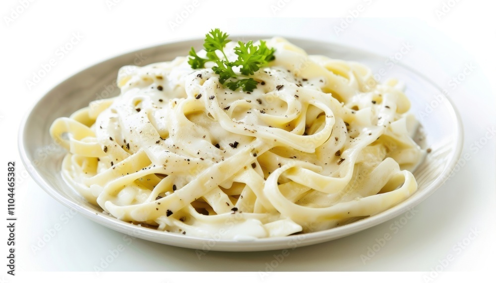 A delicious plate of creamy fettuccine pasta garnished with fresh parsley and black pepper. A delicious plate of creamy fettuccine pasta garnished with fresh parsley and black pepper.