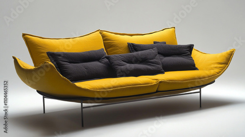 Modern Yellow Sofa with Black Cushions  Contemporary Home Decor  Stylish Living Room Furni photo