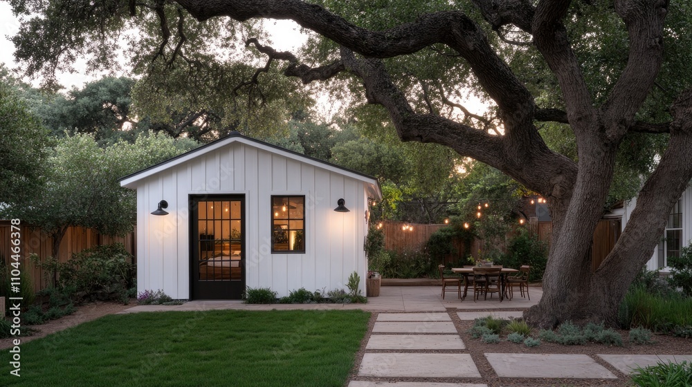 A charming white garden shed with large windows and doors, nestled in an urban backyard, enjoys soft sunlight in the late afternoon A charming white garden shed with large windows and doors, nestled in an urban backyard, enjoys soft sunlight in the late afternoon