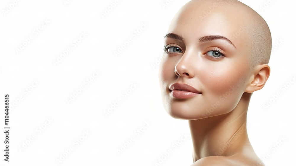 Fototapeta premium Beautiful young woman with a shaved head posing against white background