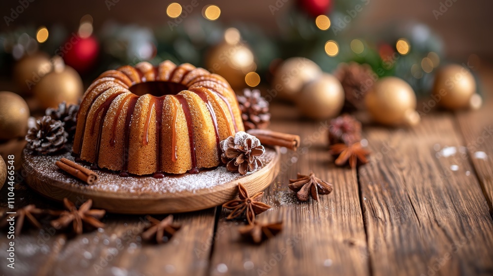 Fototapeta premium Festive Christmas cake surrounded by decorations on a rustic brown wooden background with bokeh, banner, empty space