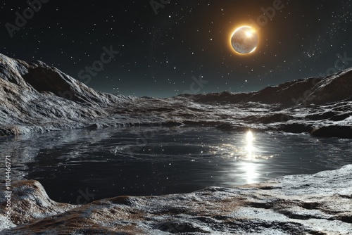 A dramatic eclipse scene with reflections in a serene lunar lake, surrounded by rocky terrain, highlighting the celestial beauty and mystery of space. photo