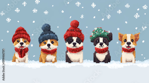 Cute dog breeds. Pixel art 80s style icons stickers and embroidery design. Video game sprite. Set of dog with hats and scarves, winter joy in pixel art vector illustration.