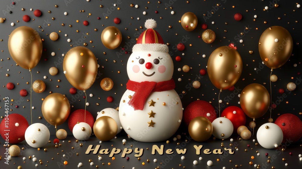 White toy snowman with gold Happy New Year inscription and festive decorations on dark background, banner White toy snowman with gold Happy New Year inscription and festive decorations on dark background, banner