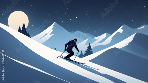 A minimalist background of snowy hills and a skier going down one of them during the night