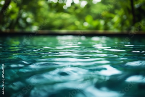 A serene pool of teal water exhibiting gentle ripples, set against a backdrop of lush, green foliage, capturing a tranquil and rejuvenating ambiance.