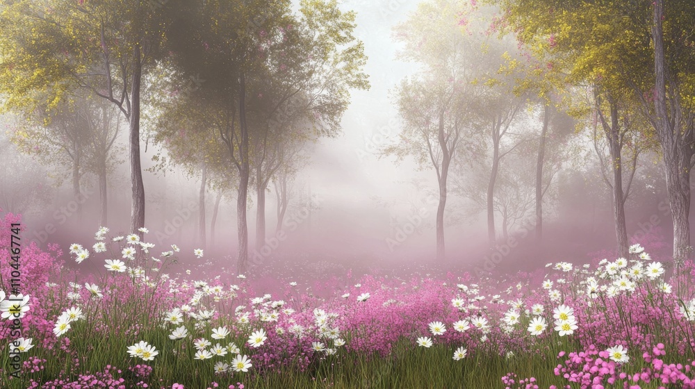 Naklejka premium Misty Meadow Digital Painting of a Flowery Forest, Pink and White Daisies, Trees in Fog, Dreamy Landscape, digital art, fantasy art Digital Painting, Fantasy Art