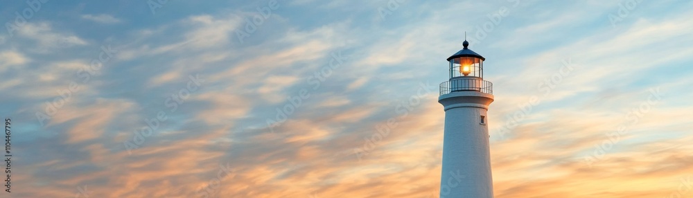 Obraz premium Low Angle View Illuminated Lighthouse at Sunset, White Cylindrical Structure, Dramatic Sky, Hope, Guidance, Navigation Lighthouse, Sunset