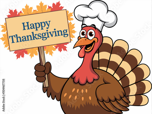 Cartoon turkey holding a Thanksgiving sign surrounded by autumn leaves