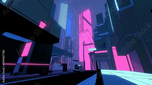 Low-Angle View Neon Cyberpunk Cityscape, Pink and Blue Geometric Composition, Digital Illustration, Futuristic Architecture. Cyberpunk, Neon City, Digital Art