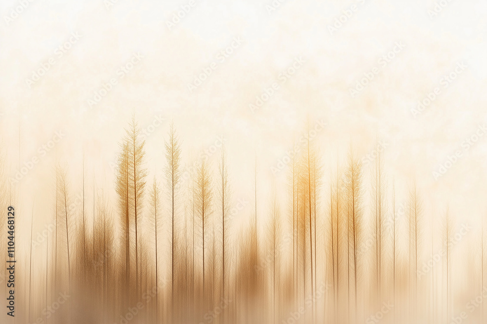 An abstract depiction of a serene forest, tall trees fading into mist, soft earth tones and golden highlights An abstract depiction of a serene forest, tall trees fading into mist, soft earth tones and golden highlights