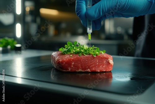 Scientist injecting meat with a syringe in a food science laboratory for innovative culinary research