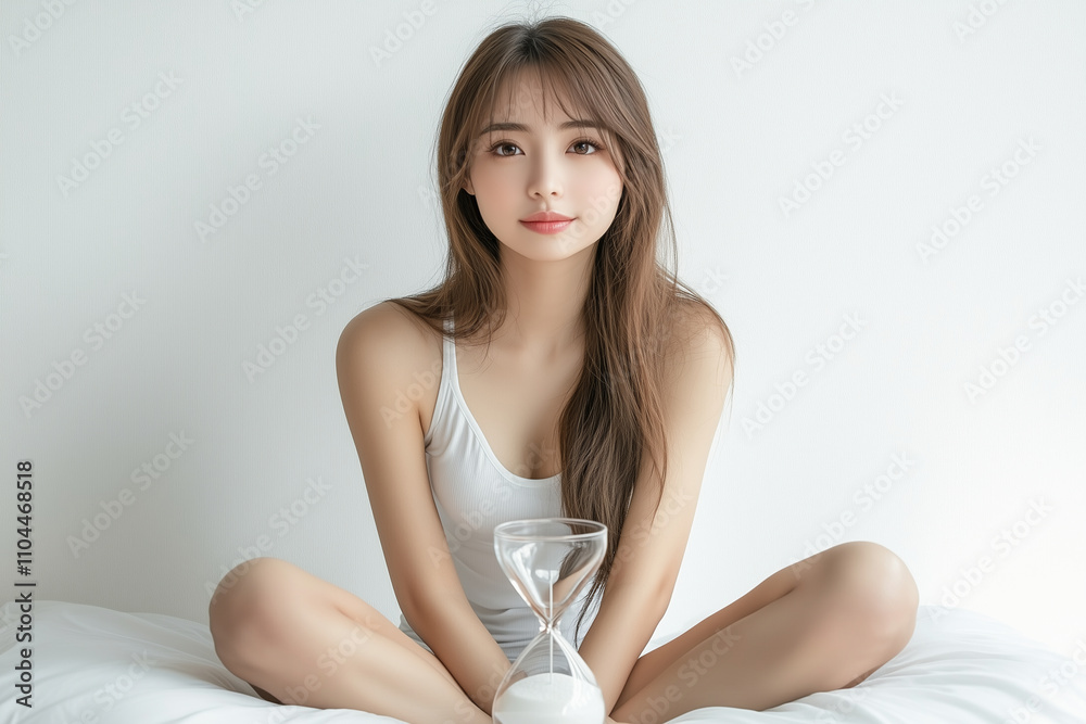 Beautiful lady with perfect skin sits on white background with an hourglass in front of her Beautiful lady with perfect skin sits on white background with an hourglass in front of her