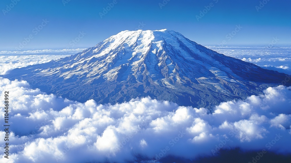 Aerial View Majestic Mount Rainier's Snow-Capped Peak Above Clouds, High-Altitude Composition, Blue Sky, Landscape Photography Mount Rainier, Aerial Photography, Cloud Sea Aerial View Majestic Mount Rainier's Snow-Capped Peak Above Clouds, High-Altitude Composition, Blue Sky, Landscape Photography Mount Rainier, Aerial Photography, Cloud Sea