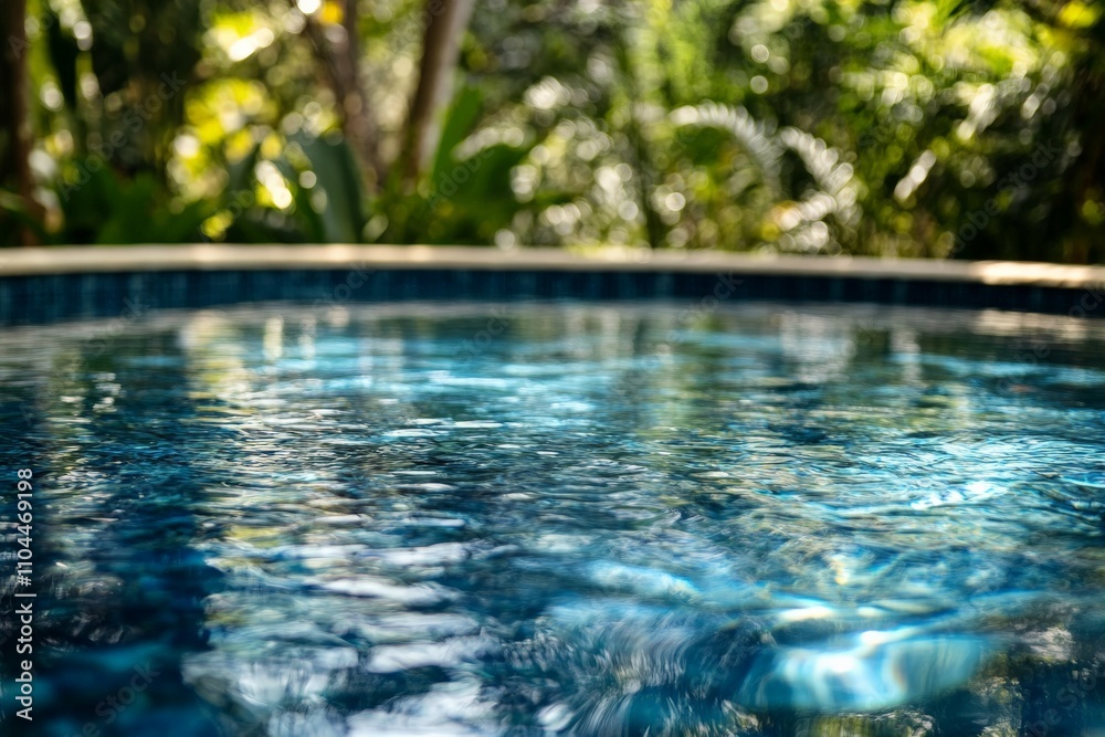 A crystal-clear swimming pool with sparkling water reflecting lush green foliage and bright sunlight, creating a serene and tropical ambiance for relaxation. A crystal-clear swimming pool with sparkling water reflecting lush green foliage and bright sunlight, creating a serene and tropical ambiance for relaxation.