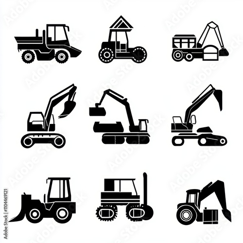 A collection of construction vehicle silhouettes, showcasing various types of machinery in a flat design.