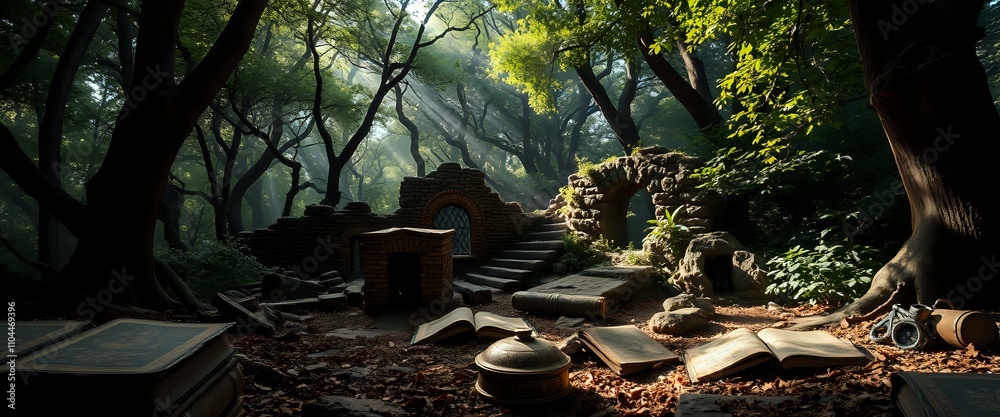 Obraz premium Mysterious Forest Ruins with Dark Academia Elements
