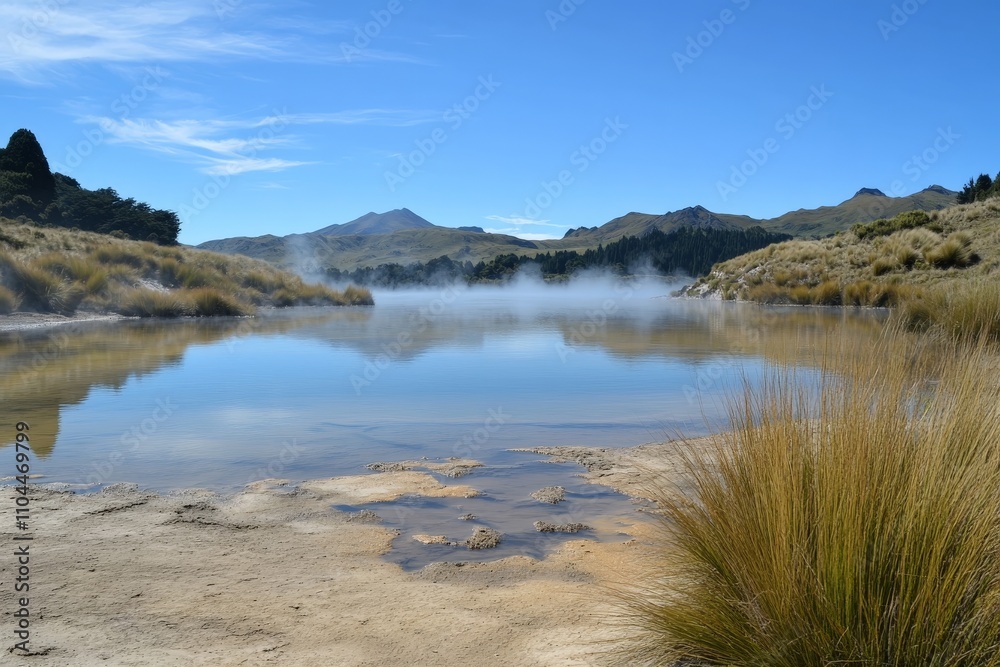 Fototapeta premium A tranquil geothermal spring emits gentle steam under a clear blue sky, surrounded by mist-shrouded mountains and grass, creating a serene morning atmosphere.