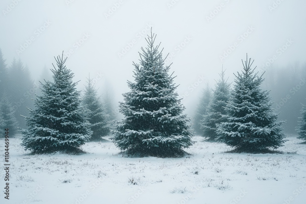 Fototapeta premium Evergreen trees covered with snow in a misty winter wonderland