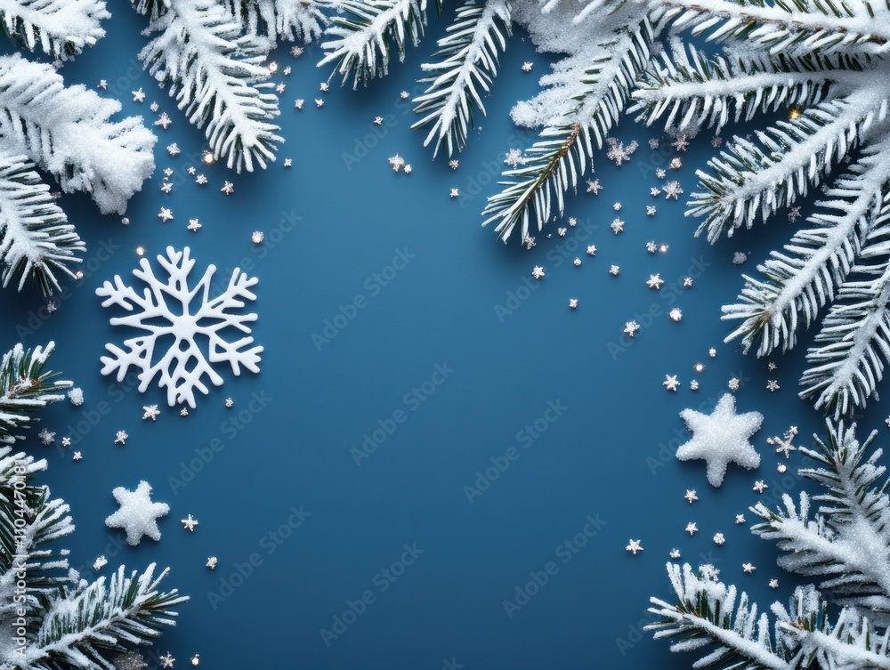 Minimalist Christmas composition with branches of a tree, red berries and snowflakes on blue background. Perfect backdrop for holiday postcards, invitations and social media posts Minimalist Christmas composition with branches of a tree, red berries and snowflakes on blue background. Perfect backdrop for holiday postcards, invitations and social media posts