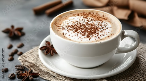Creamy cappuccino in elegant ceramic cups on textured table. Aromatic coffee with cinnamon and beans