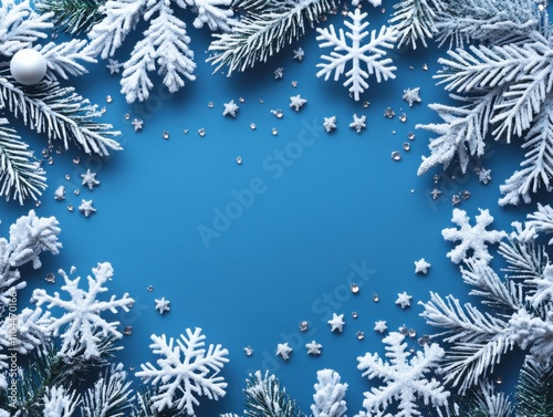 Minimalist Christmas composition with branches of a tree, red berries and snowflakes on blue background. Perfect backdrop for holiday postcards, invitations and social media posts