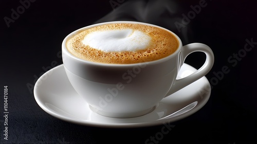 Cappuccino in classic white mug isolated on black backdrop. Coffee, drink and hot beverage background