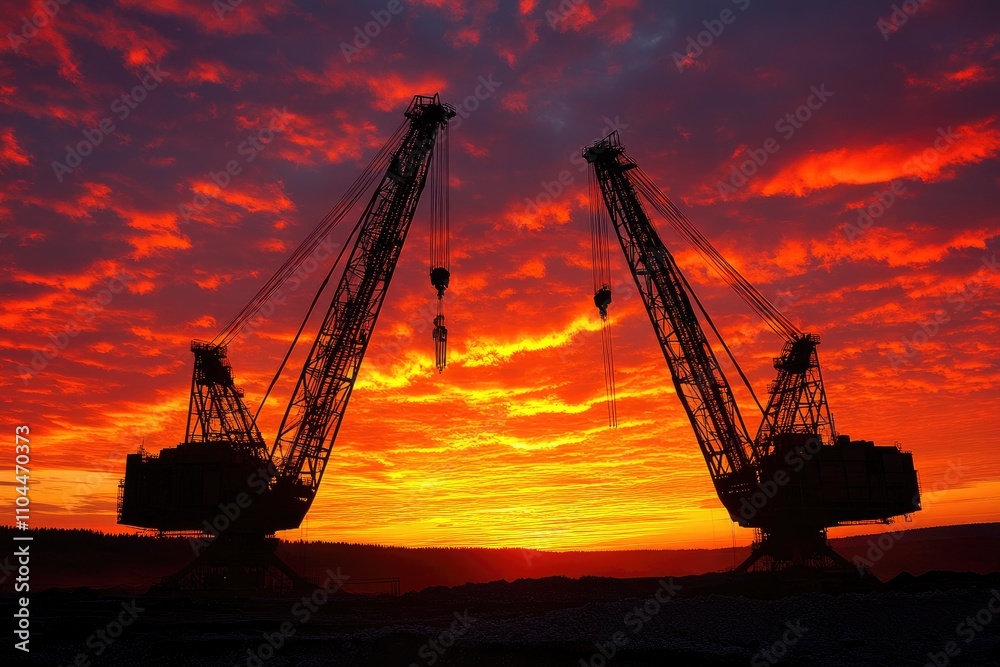 Two dragline excavators silhouetted against a fiery sunset sky Two dragline excavators silhouetted against a fiery sunset sky