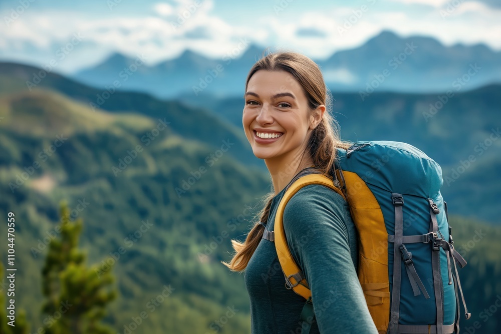 Happy woman hiker stands on mountaintop smiling at camera. Enjoying scenic mountain view. Active lifestyle. Travel concept. Outdoors. Woman with backpack. Mountain peak. Adventure time. Beautiful Happy woman hiker stands on mountaintop smiling at camera. Enjoying scenic mountain view. Active lifestyle. Travel concept. Outdoors. Woman with backpack. Mountain peak. Adventure time. Beautiful