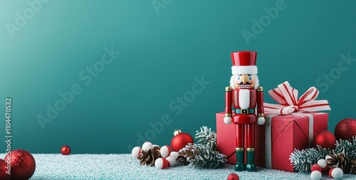 Gift cover for Christmas and New Year. Green background with gifts and Christmas decorations, with silkworm. Holiday and surprise concept. Photorealism.