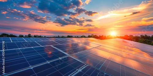 Fototapeta Naklejka Na Ścianę i Meble -  solar panels at sunset renewable green energy Generative AI