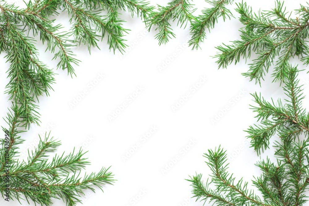 A white, blank paper sheet with pine tree branches framing the sides, in a flat lay perspective Generative AI A white, blank paper sheet with pine tree branches framing the sides, in a flat lay perspective Generative AI