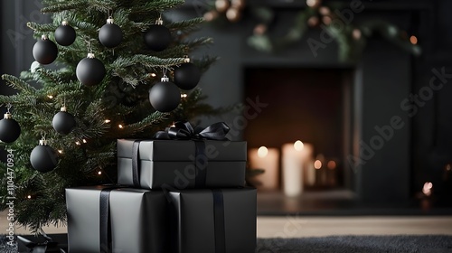 A modern christmas tree with all matte black gifts stacked next to it, the gifts have ornaments attached on top as a decor topper photo