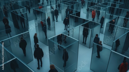 People walking through a complex mirror maze with reflective glass walls, creating multiple reflections and a disorienting experience. photo