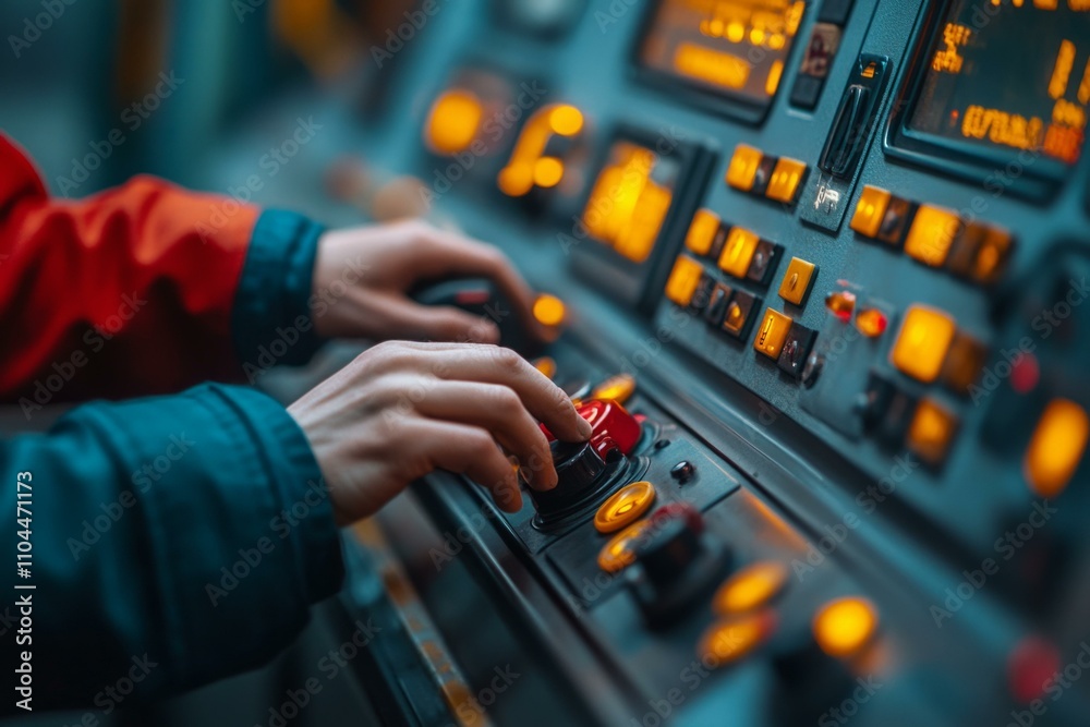 Engineer operating control panel in industrial setting with focus on technology and precision work Engineer operating control panel in industrial setting with focus on technology and precision work